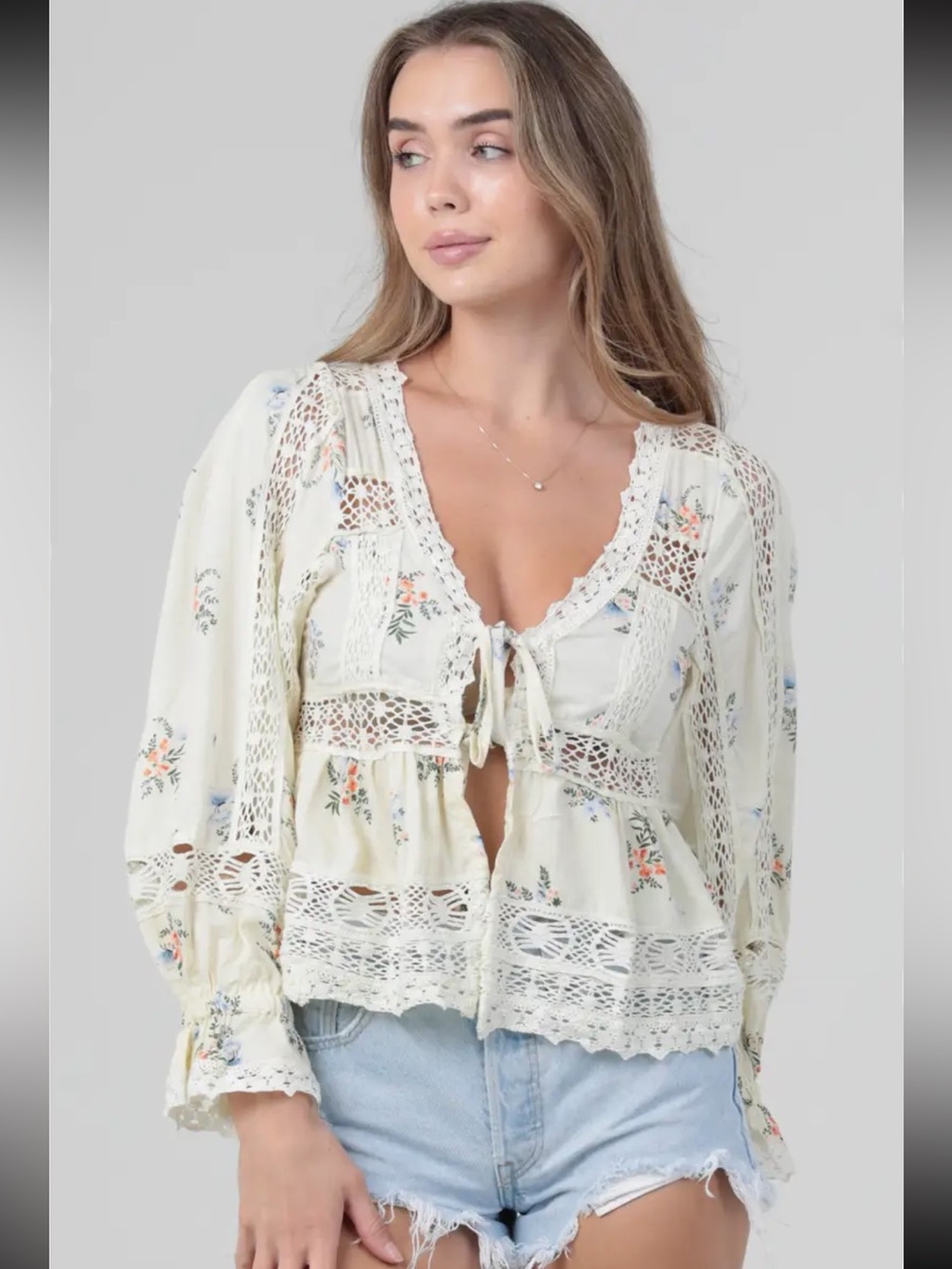 Angie Lace-Trim Floral Tie-Front Peasant Top - Cream Floral
